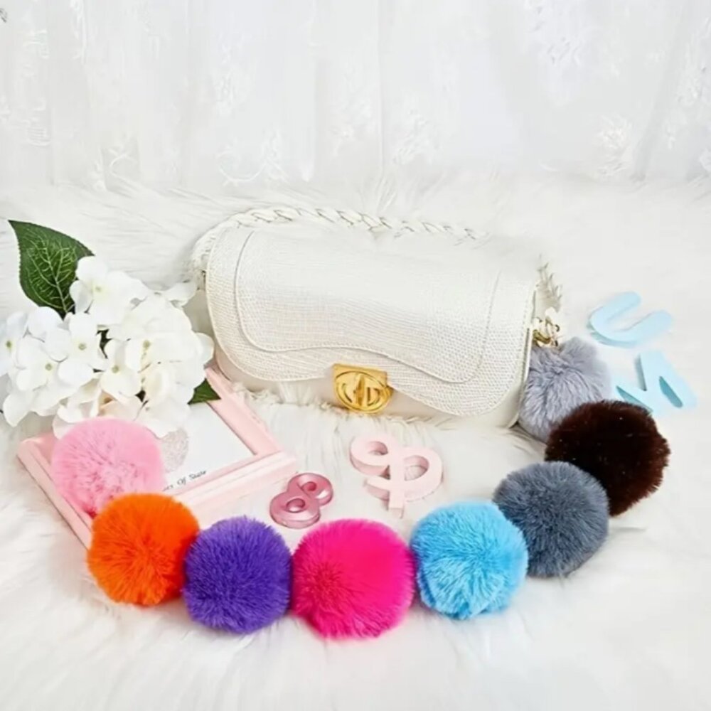 Set of 3 Assorted Colors Furry Pom Bag Charm Key Chain 💋👜❤️